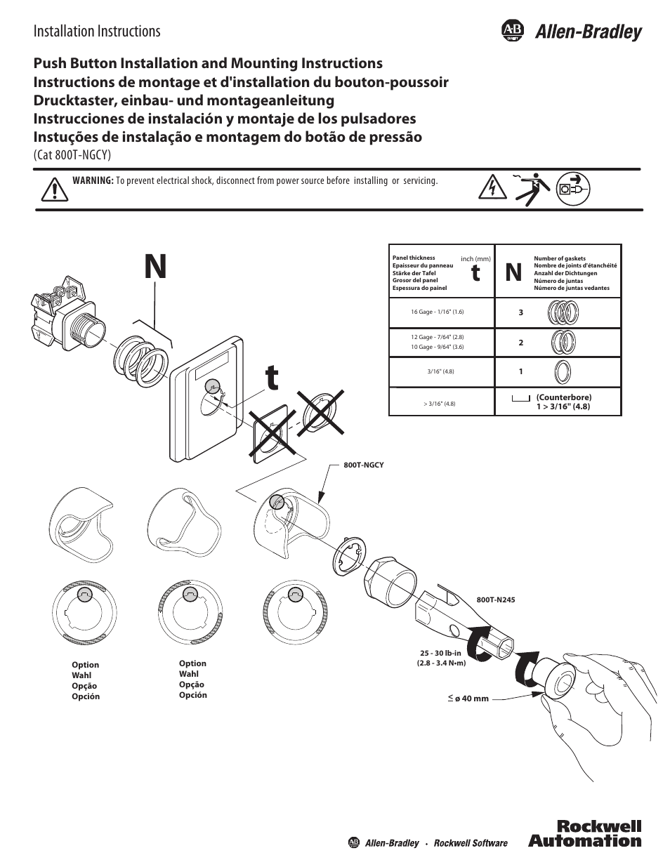 Rockwell Automation 800T-NGCY Push Button Installation and Mounting Instructions User Manual | 2 pages