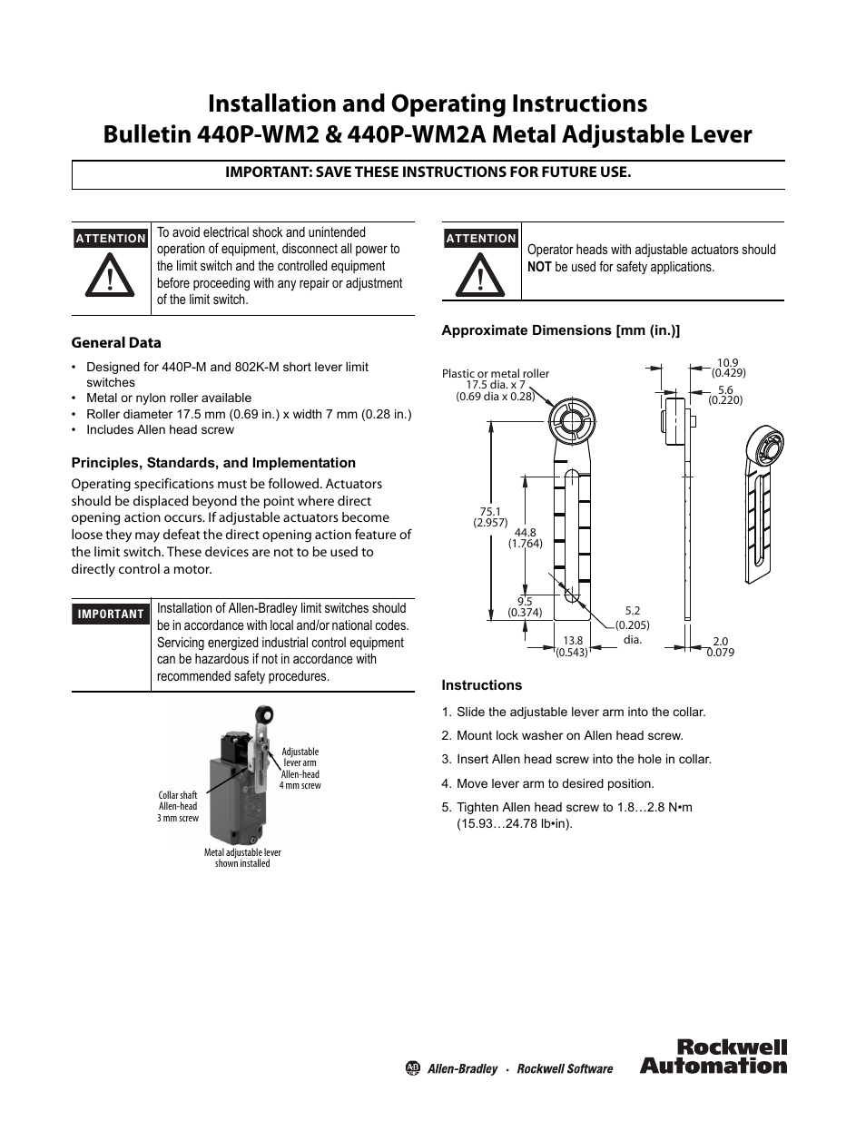 Rockwell Automation 802K Metal Adjustable Lever User Manual | 2 pages