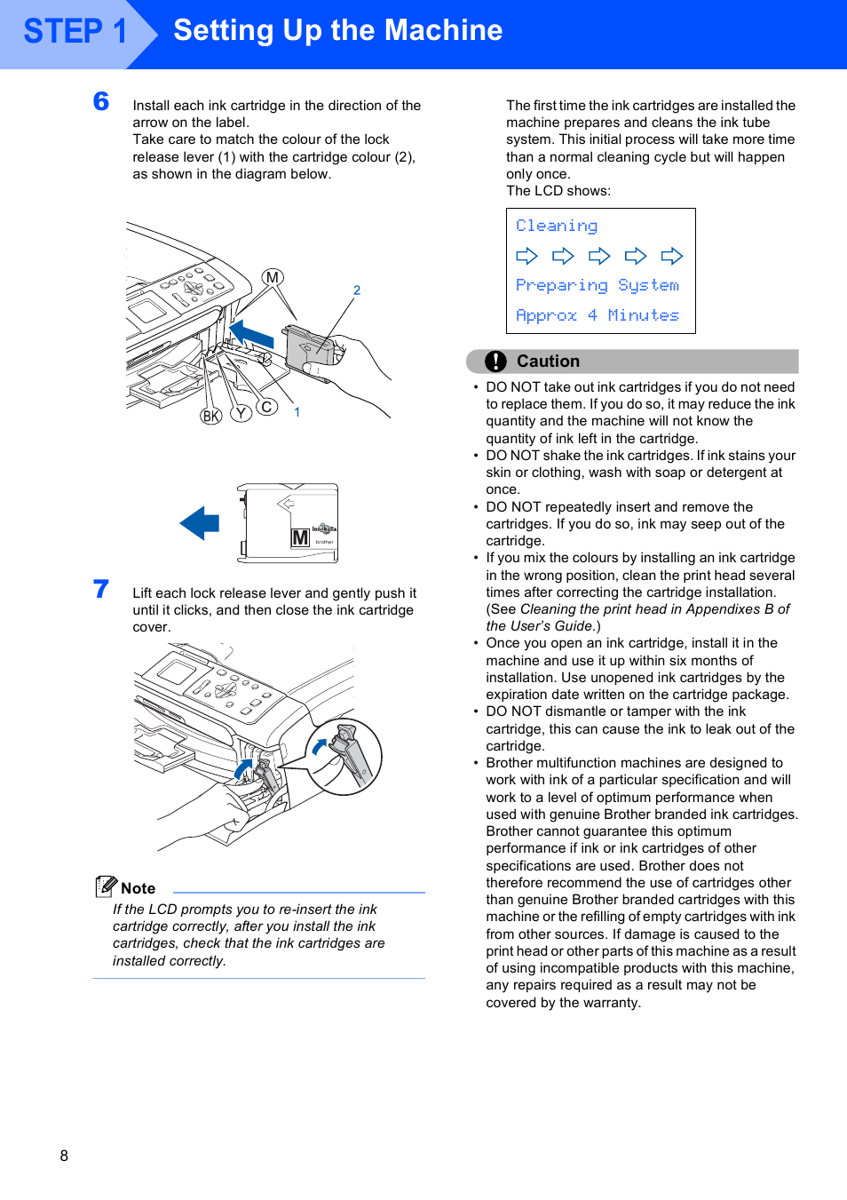 Step 1, Setting up the machine, Cleaning preparing system approx 4 minutes | Brother DCP-353C User Manual | Page 10 / 35