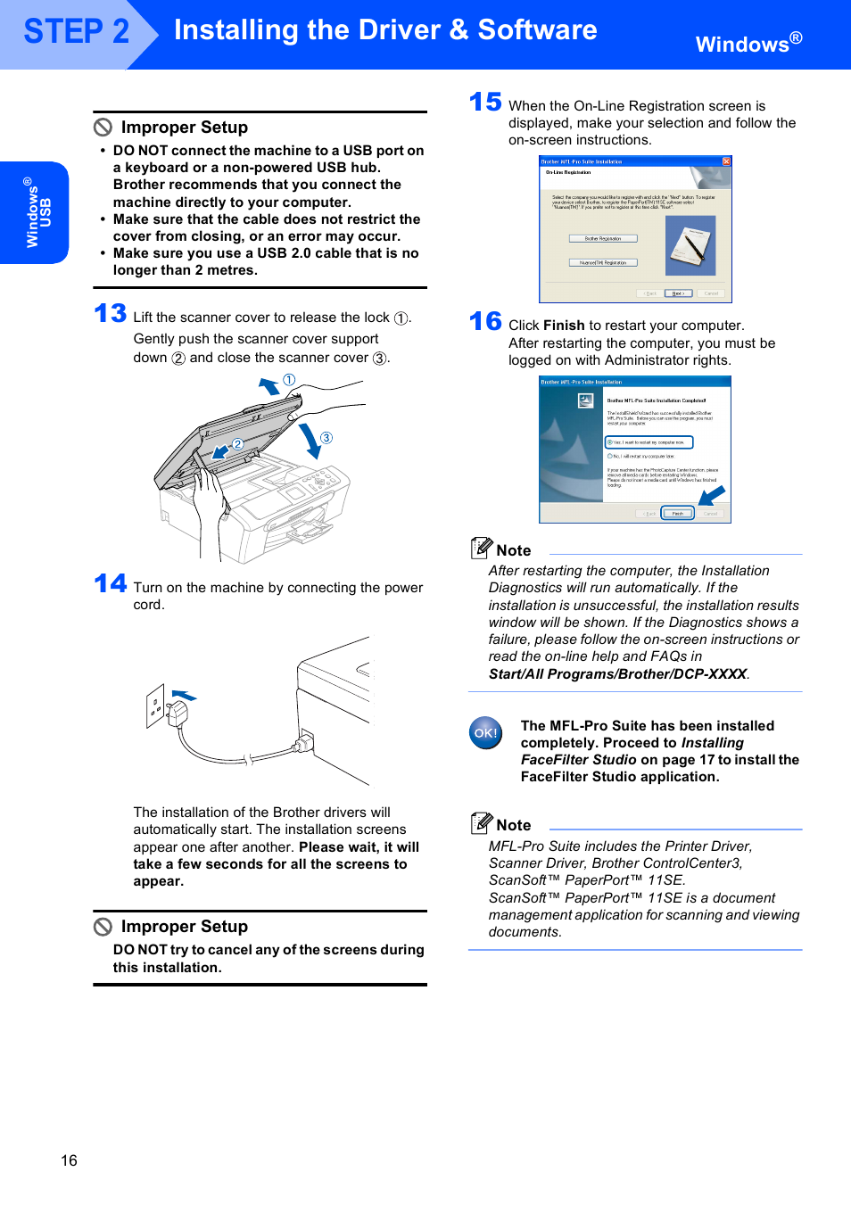 Step 2, Installing the driver & software, Windows | Improper setup | Brother DCP-353C User Manual | Page 18 / 35