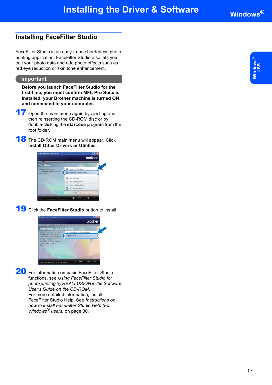 Installing facefilter studio, Installing the driver & software, Windows | Brother DCP-353C User Manual | Page 19 / 35