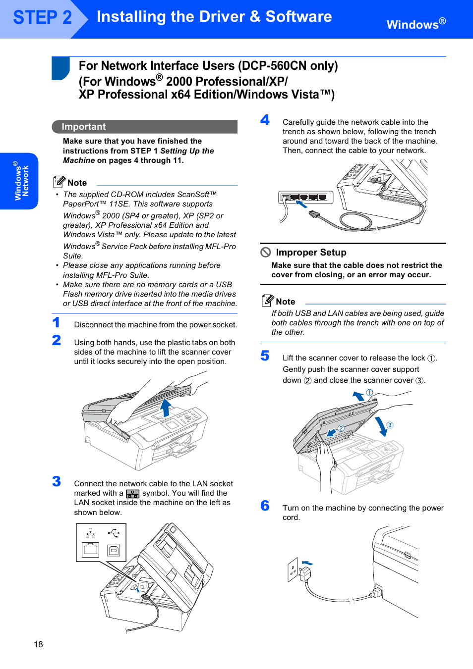 For network interface users (dcp-560cn only), For windows, 2000 professional/xp | Xp professional x64 edition/windows vista™), Step 2, Installing the driver & software, Windows | Brother DCP-353C User Manual | Page 20 / 35