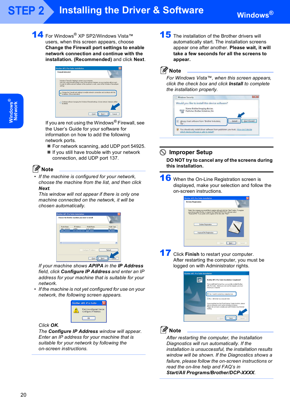 Step 2, Installing the driver & software, Windows | Improper setup | Brother DCP-353C User Manual | Page 22 / 35