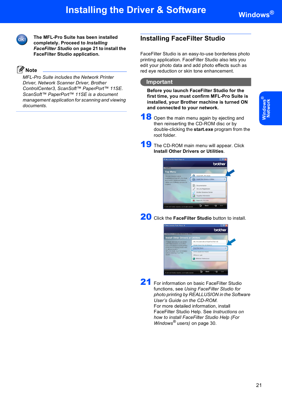 Installing facefilter studio, Installing the driver & software, Windows | Brother DCP-353C User Manual | Page 23 / 35