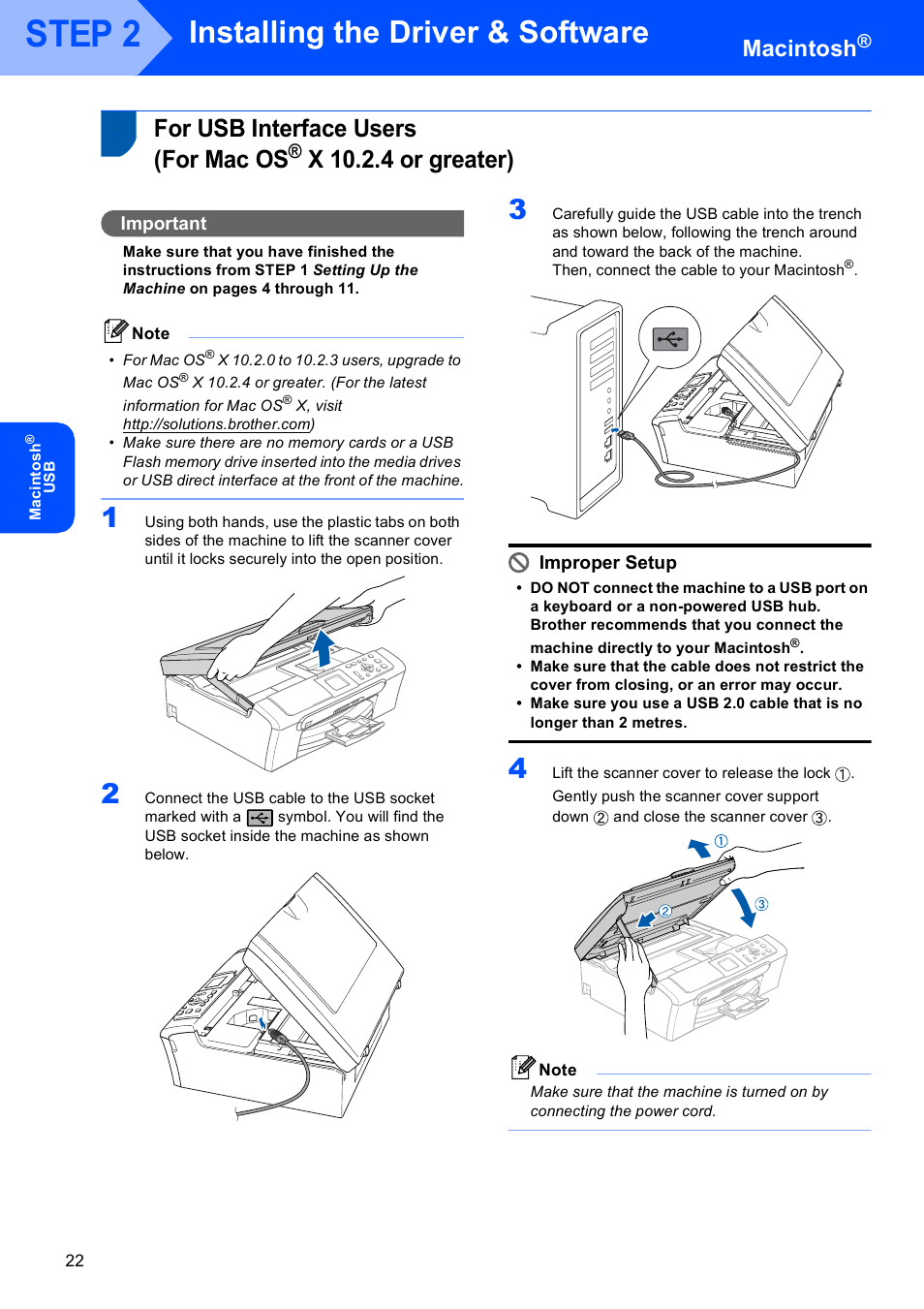 Macintosh, For usb interface users (for mac os, X 10.2.4 or greater) | For usb interface users, For mac os, Step 2, Installing the driver & software, Important, Improper setup | Brother DCP-353C User Manual | Page 24 / 35