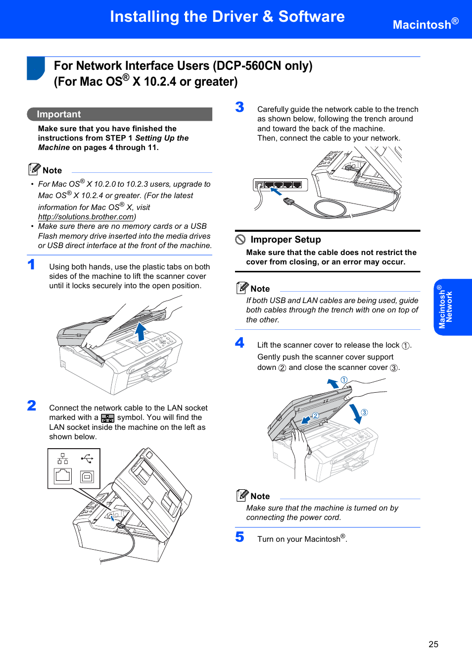 X 10.2.4 or greater), For network interface users (dcp-560cn only), For mac os | Installing the driver & software, Macintosh, Important, Improper setup | Brother DCP-353C User Manual | Page 27 / 35