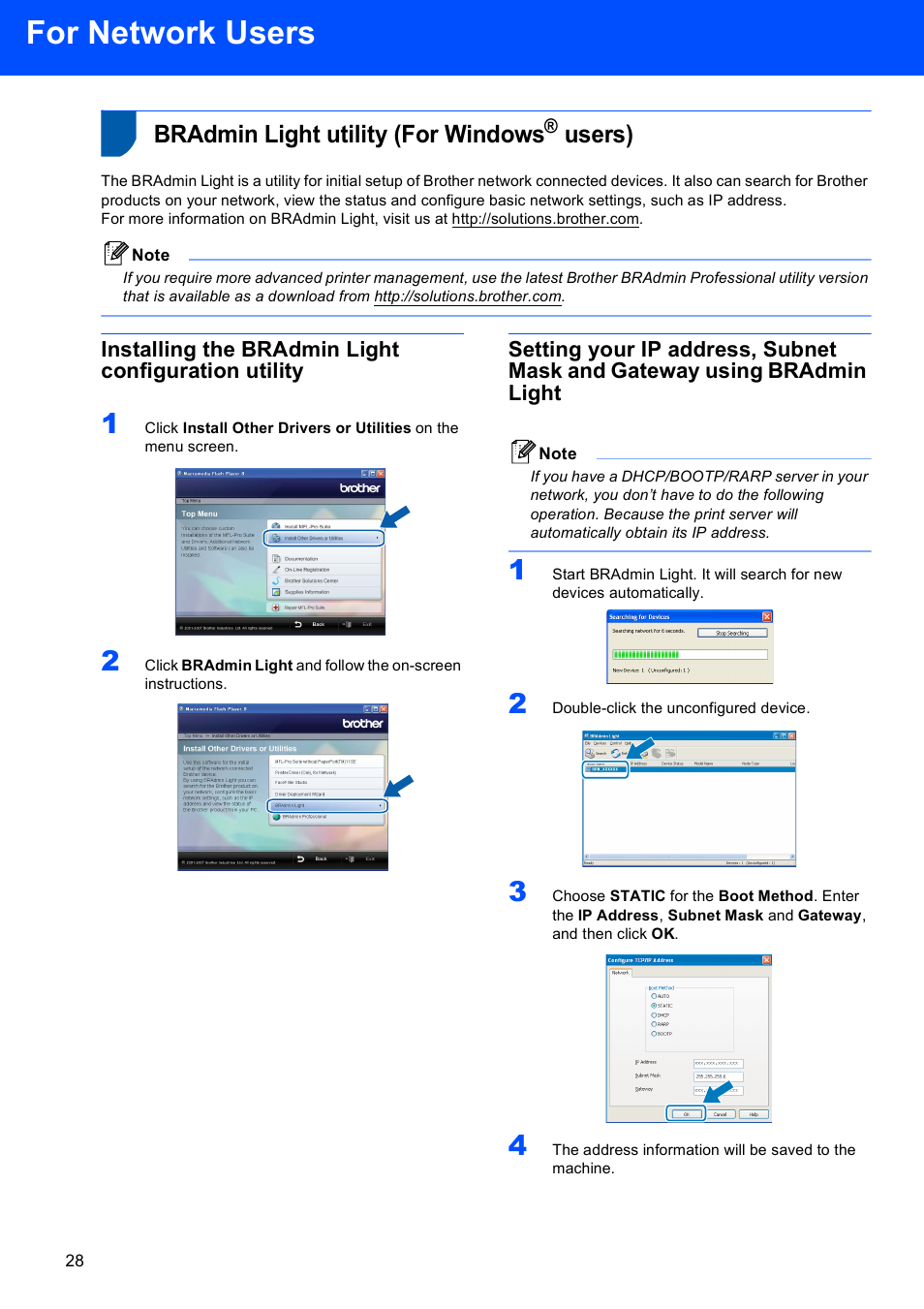 For network users, Bradmin light utility (for windows® users), Installing the bradmin light configuration utility | Bradmin light utility (for windows, Users) | Brother DCP-353C User Manual | Page 30 / 35