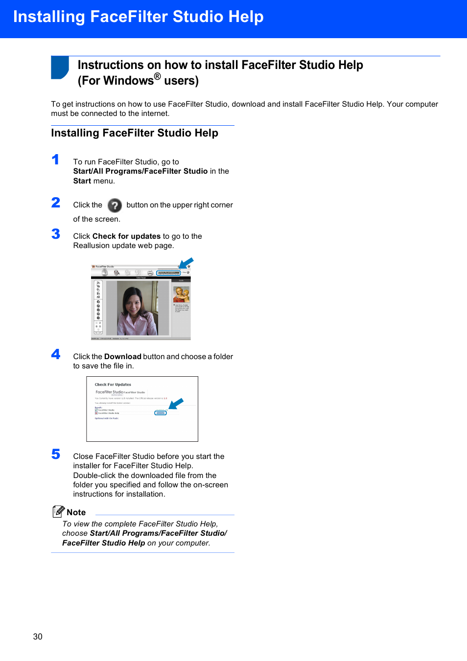 Installing facefilter studio help, Installing the facefilter studio help, Users) | Brother DCP-353C User Manual | Page 32 / 35