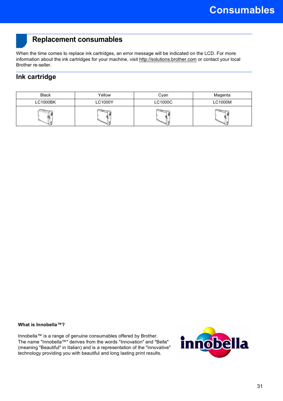 Consumables, Replacement consumables, Ink cartridge | Brother DCP-353C User Manual | Page 33 / 35