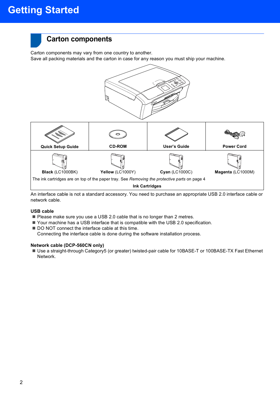 Getting started, Carton components | Brother DCP-353C User Manual | Page 4 / 35