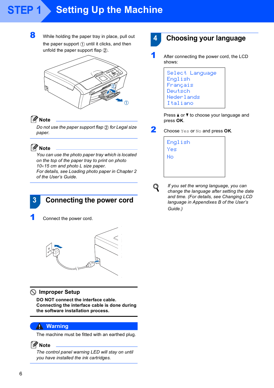 3 connecting the power cord, 4 choosing your language, Connecting the power cord choosing your language | Step 1, Setting up the machine, 3connecting the power cord, 4choosing your language, English yes no | Brother DCP-353C User Manual | Page 8 / 35