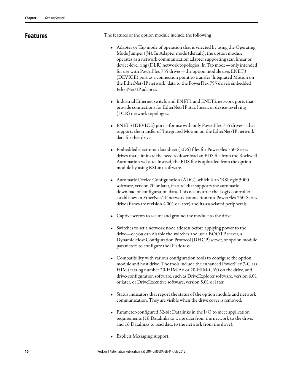 Features | Rockwell Automation 20-750-ENETR PowerFlexDual-Port EtherNet/IP Option Module User Manual | Page 10 / 200