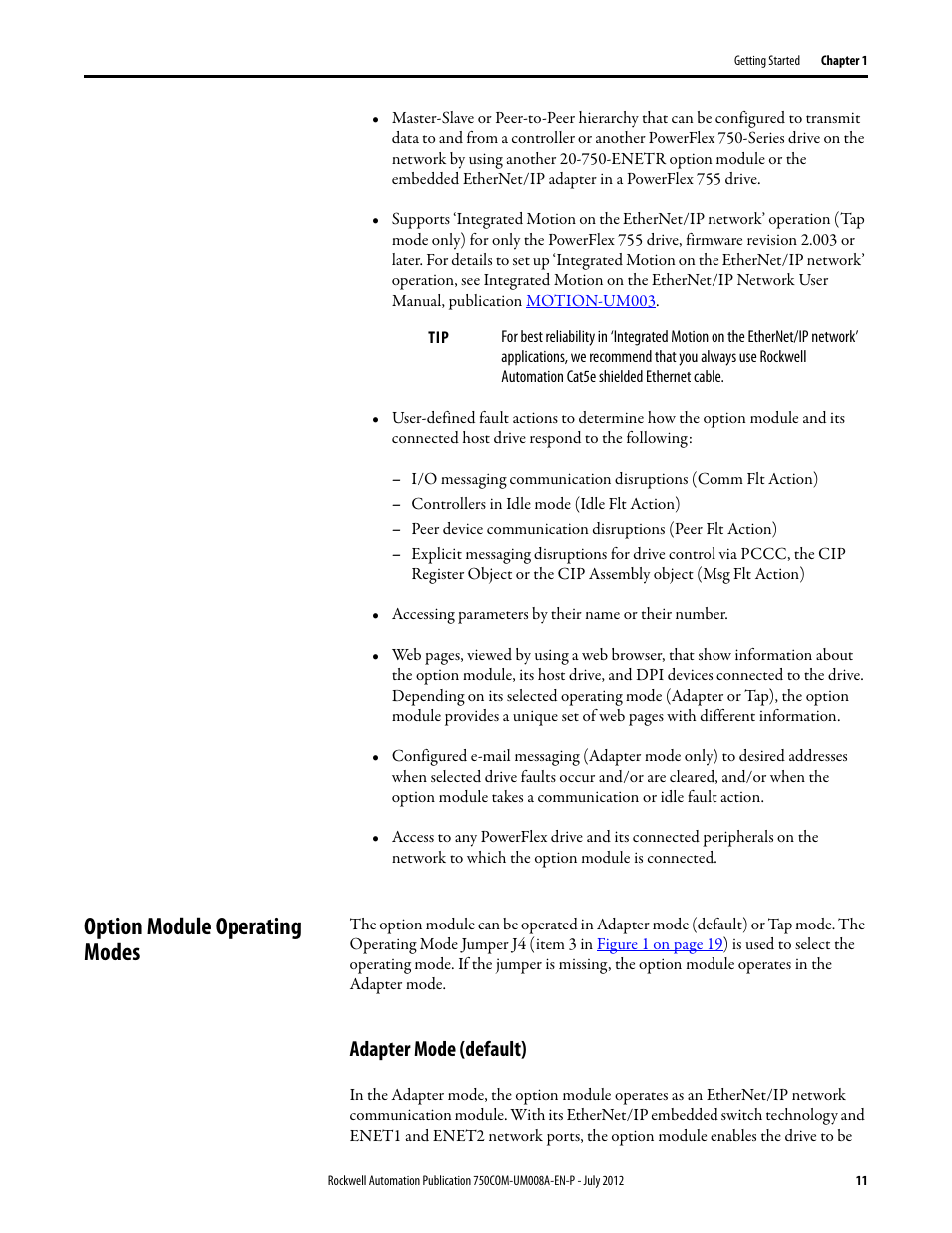 Option module operating modes, Adapter mode (default) | Rockwell Automation 20-750-ENETR PowerFlexDual-Port EtherNet/IP Option Module User Manual | Page 11 / 200