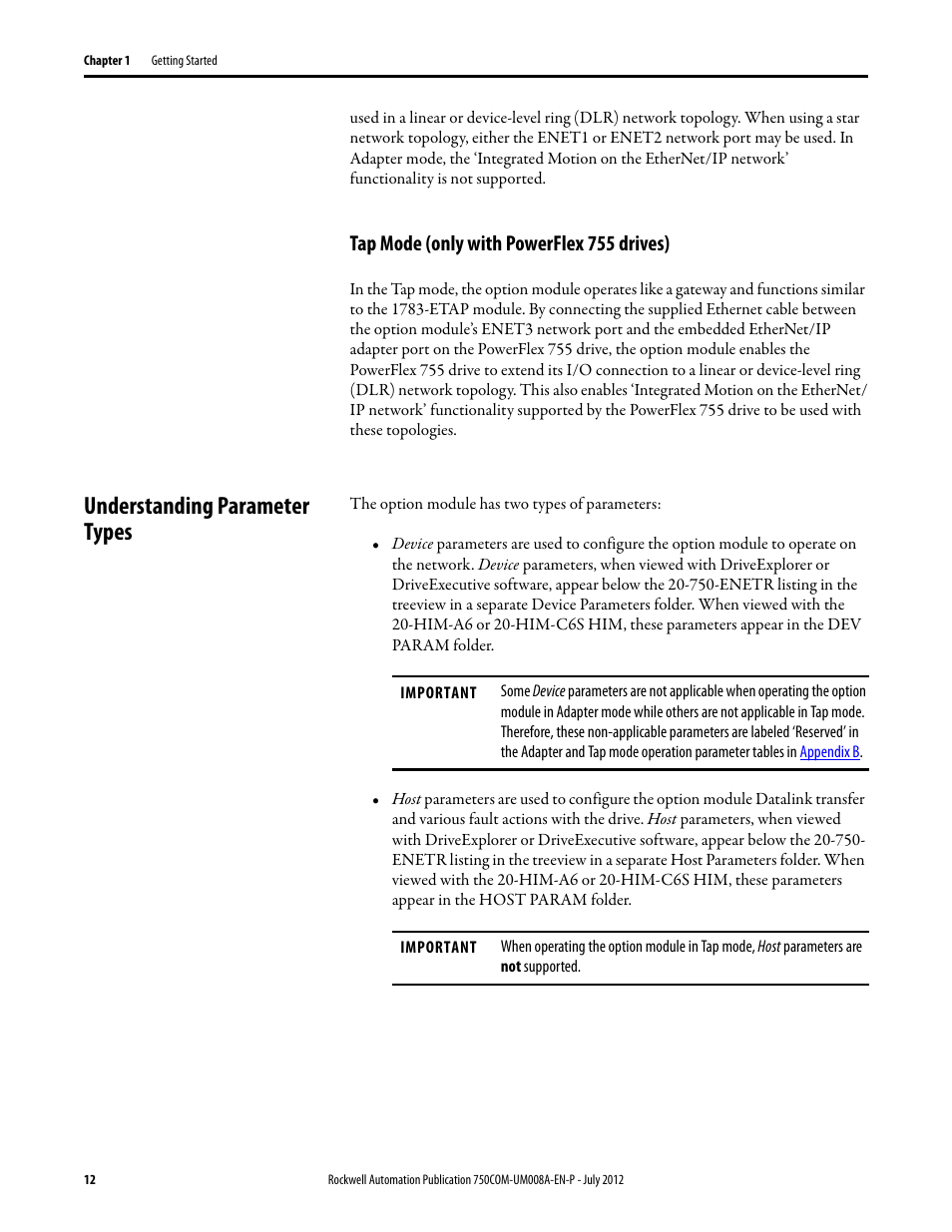 Tap mode (only with powerflex 755 drives), Understanding parameter types | Rockwell Automation 20-750-ENETR PowerFlexDual-Port EtherNet/IP Option Module User Manual | Page 12 / 200