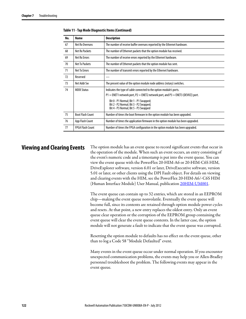 Viewing and clearing events | Rockwell Automation 20-750-ENETR PowerFlexDual-Port EtherNet/IP Option Module User Manual | Page 122 / 200