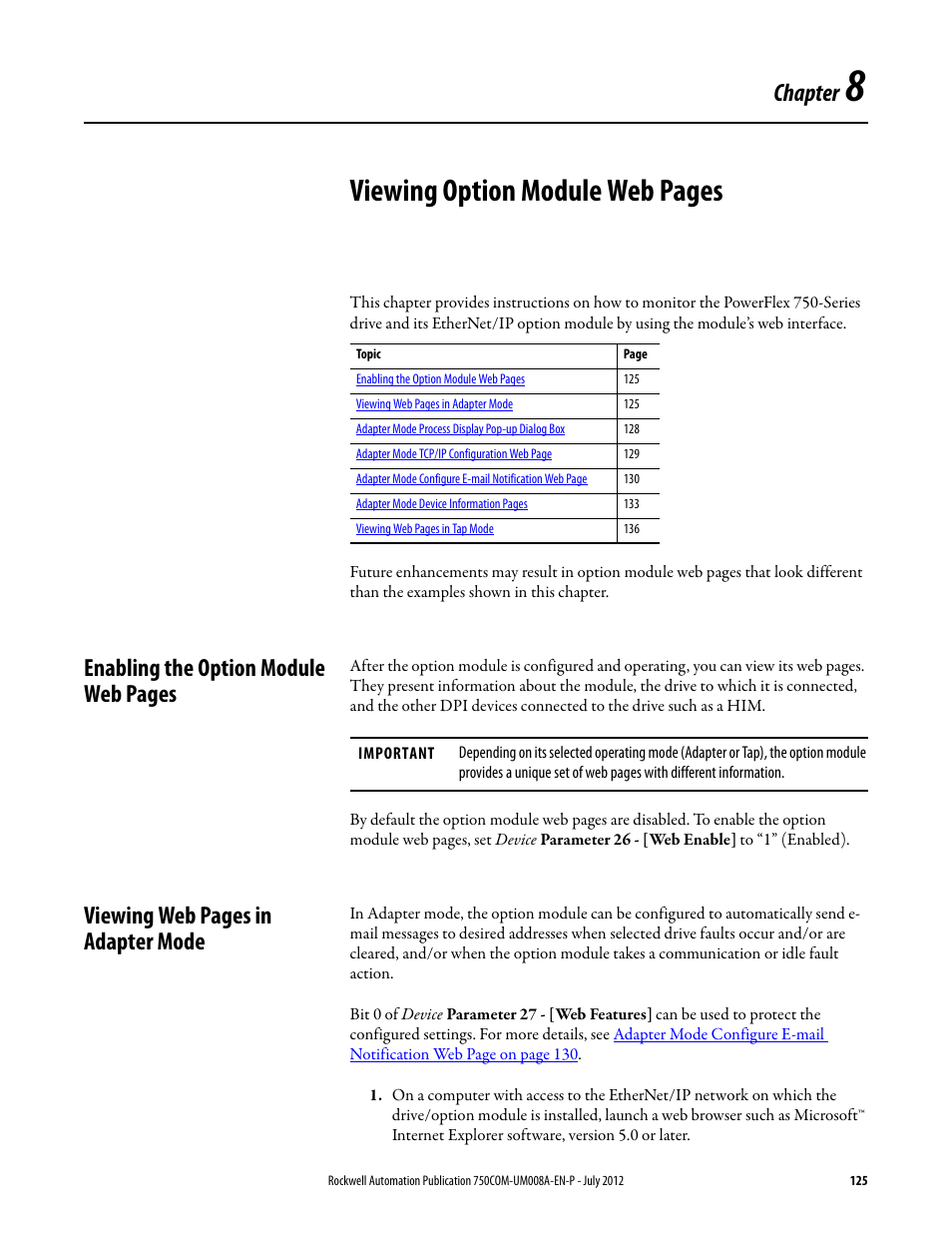 Chapter 8, Viewing, Viewing option module web pages | Rockwell Automation 20-750-ENETR PowerFlexDual-Port EtherNet/IP Option Module User Manual | Page 125 / 200