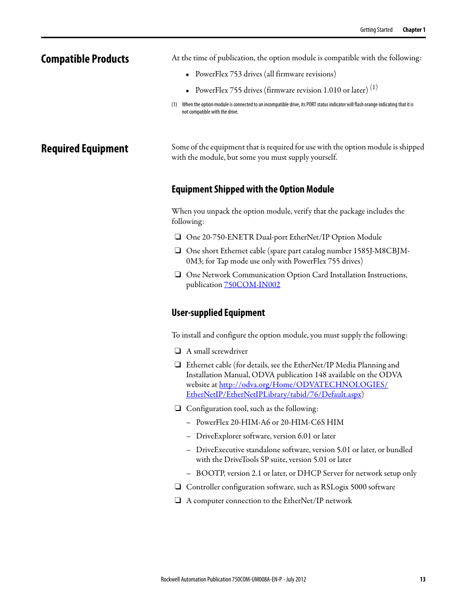 Compatible products, Required equipment, Equipment shipped with the option module | User-supplied equipment, Compatible products required equipment | Rockwell Automation 20-750-ENETR PowerFlexDual-Port EtherNet/IP Option Module User Manual | Page 13 / 200