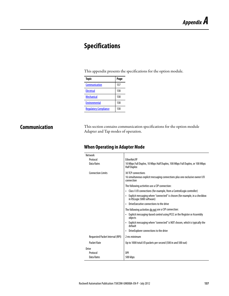 Appendix a, Specifications, Communication | When operating in adapter mode | Rockwell Automation 20-750-ENETR PowerFlexDual-Port EtherNet/IP Option Module User Manual | Page 137 / 200