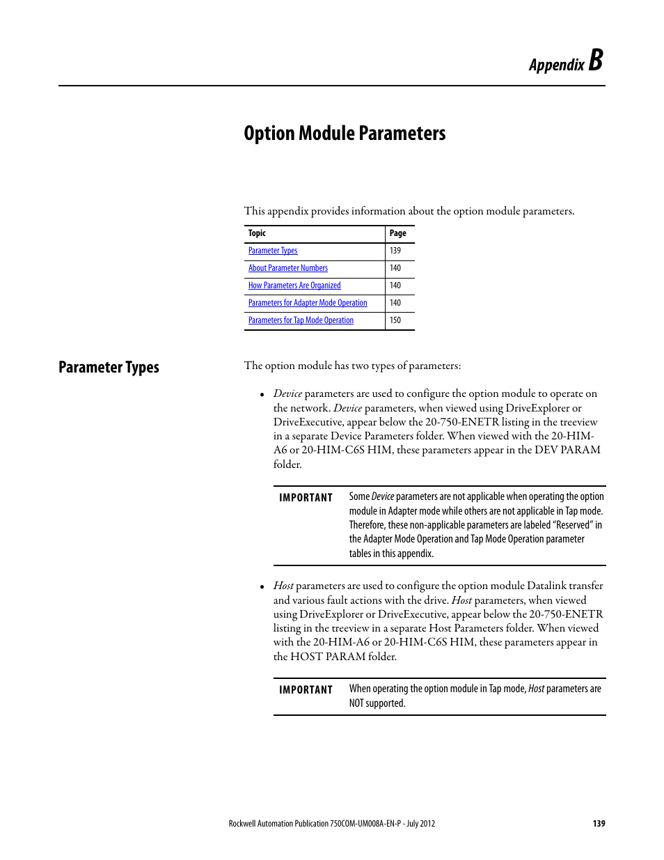 Appendix b, Option module parameters, Parameter types | Rockwell Automation 20-750-ENETR PowerFlexDual-Port EtherNet/IP Option Module User Manual | Page 139 / 200
