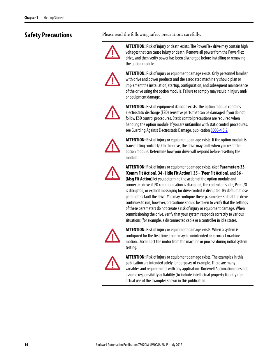 Safety precautions | Rockwell Automation 20-750-ENETR PowerFlexDual-Port EtherNet/IP Option Module User Manual | Page 14 / 200