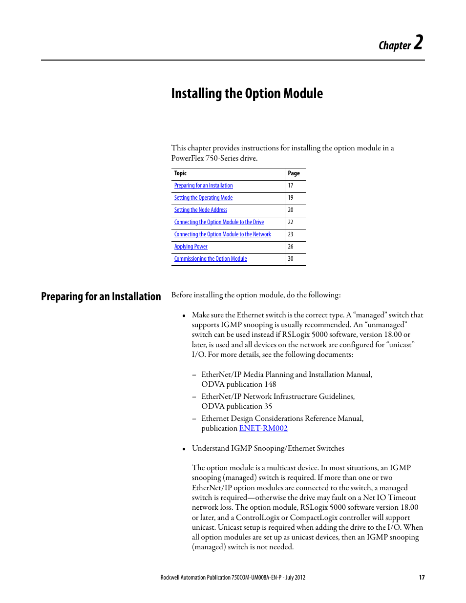 Chapter 2, Installing the option module, Preparing for an installation | Rockwell Automation 20-750-ENETR PowerFlexDual-Port EtherNet/IP Option Module User Manual | Page 17 / 200