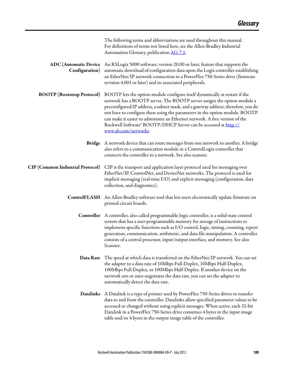 Glossary | Rockwell Automation 20-750-ENETR PowerFlexDual-Port EtherNet/IP Option Module User Manual | Page 189 / 200