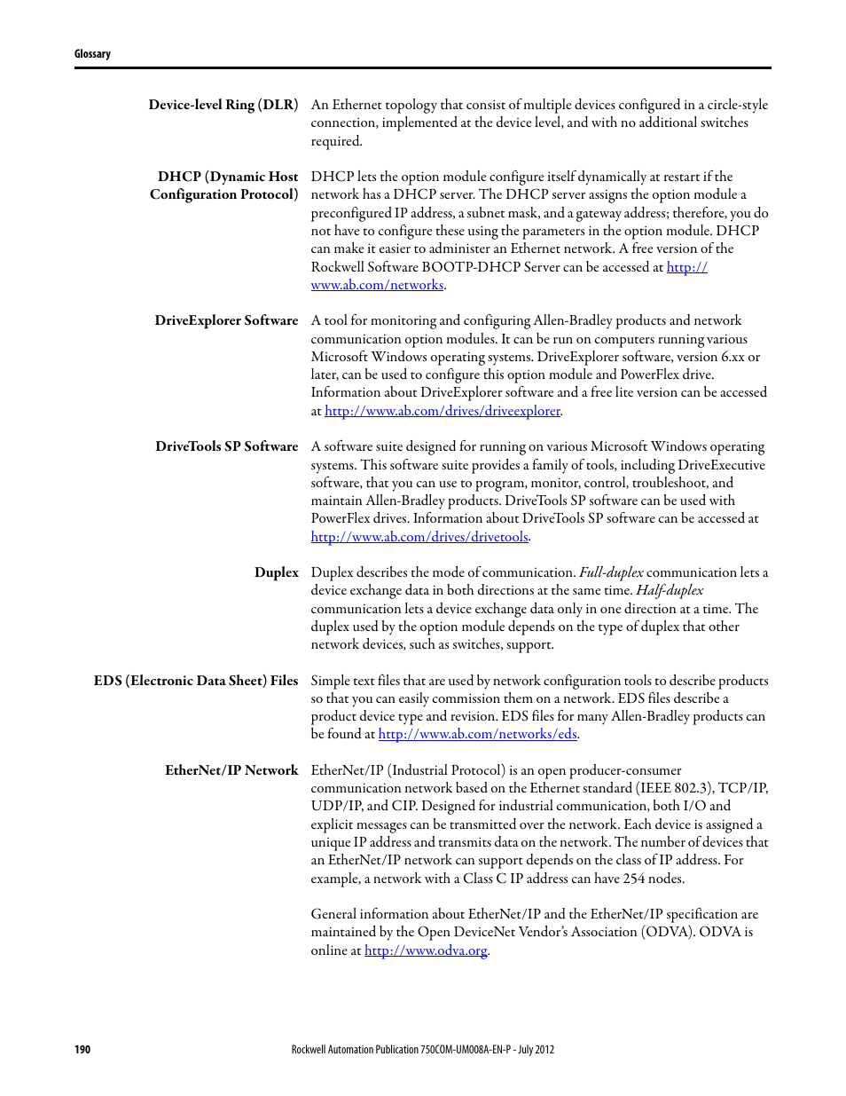 Rockwell Automation 20-750-ENETR PowerFlexDual-Port EtherNet/IP Option Module User Manual | Page 190 / 200