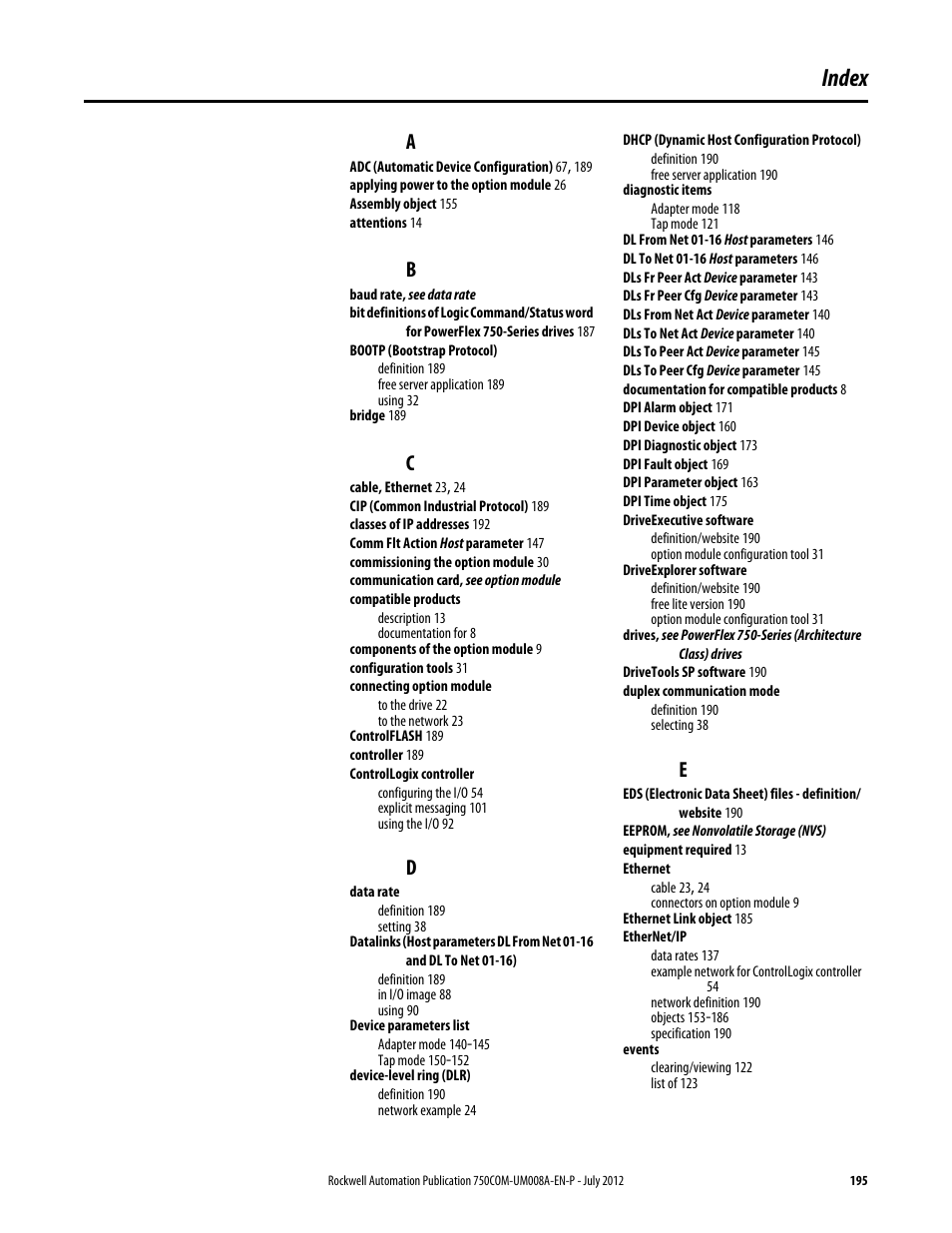 Index | Rockwell Automation 20-750-ENETR PowerFlexDual-Port EtherNet/IP Option Module User Manual | Page 195 / 200
