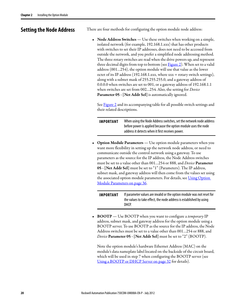 Setting the node address | Rockwell Automation 20-750-ENETR PowerFlexDual-Port EtherNet/IP Option Module User Manual | Page 20 / 200