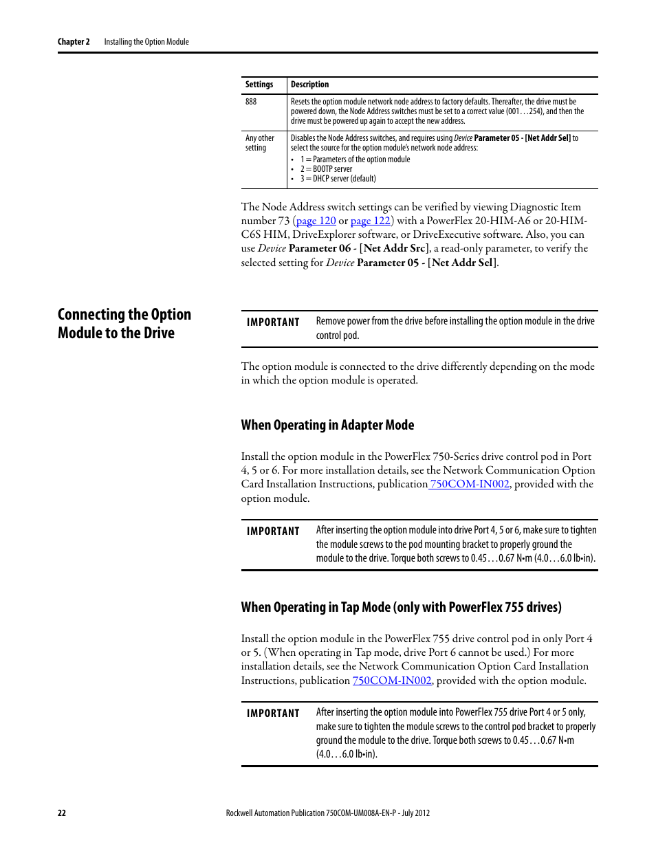 Connecting the option module to the drive, When operating in adapter mode | Rockwell Automation 20-750-ENETR PowerFlexDual-Port EtherNet/IP Option Module User Manual | Page 22 / 200