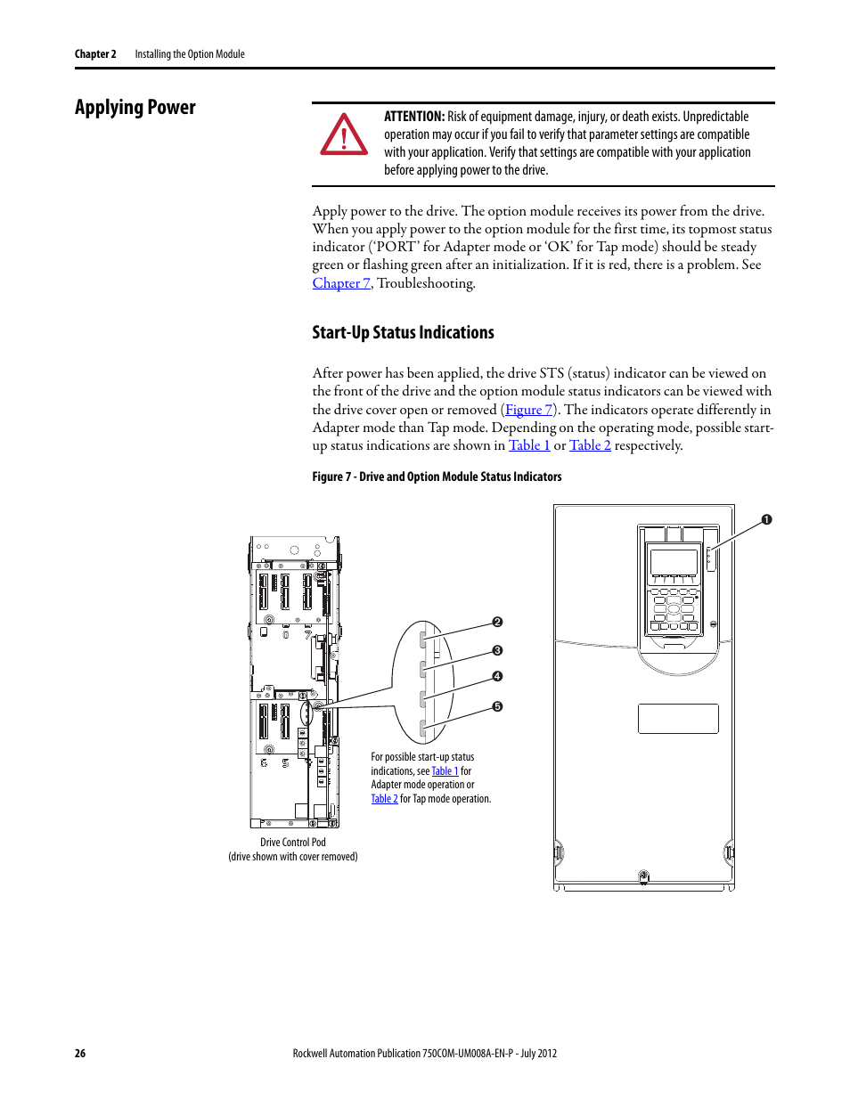 Applying power, Start-up status indications | Rockwell Automation 20-750-ENETR PowerFlexDual-Port EtherNet/IP Option Module User Manual | Page 26 / 200