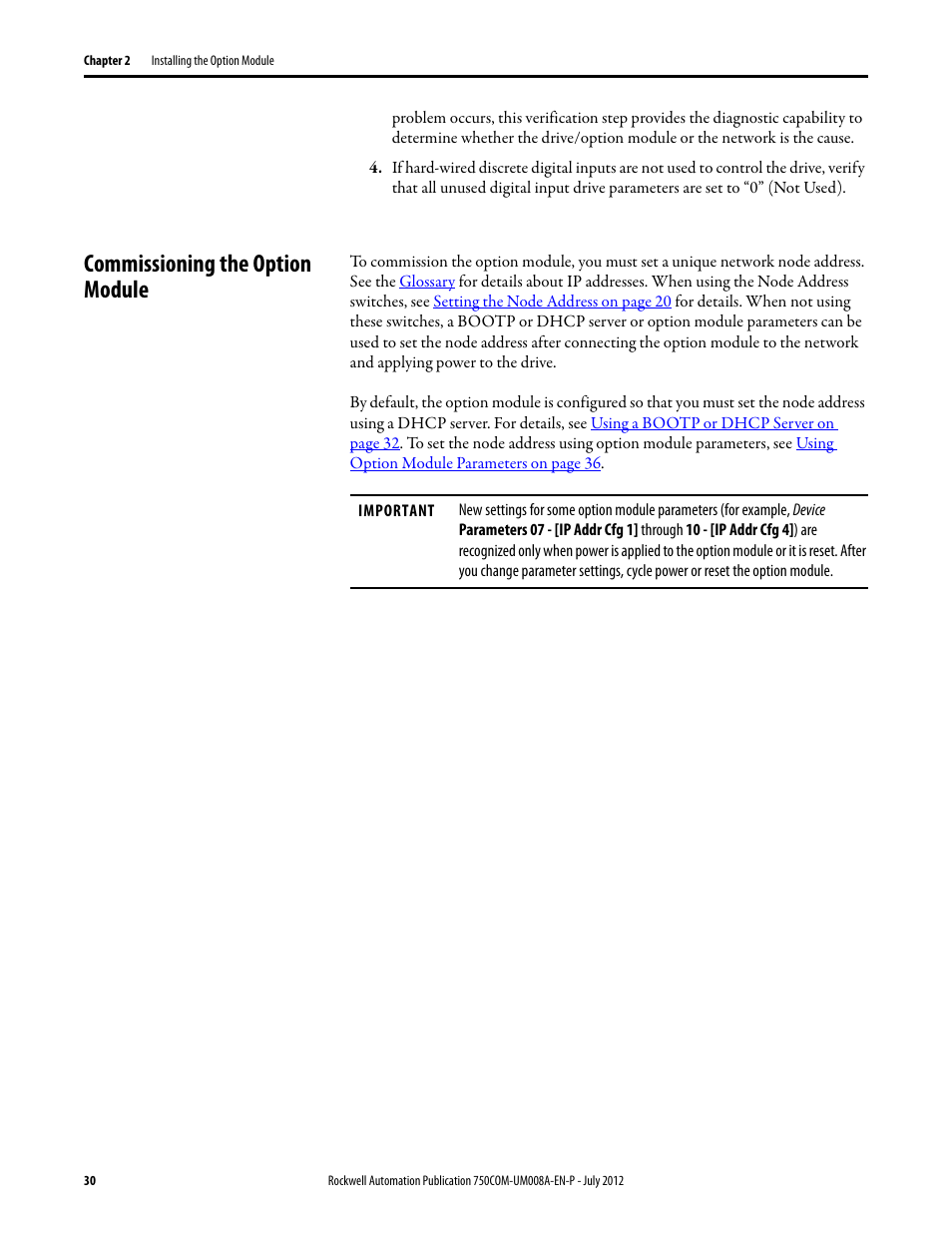 Commissioning the option module | Rockwell Automation 20-750-ENETR PowerFlexDual-Port EtherNet/IP Option Module User Manual | Page 30 / 200