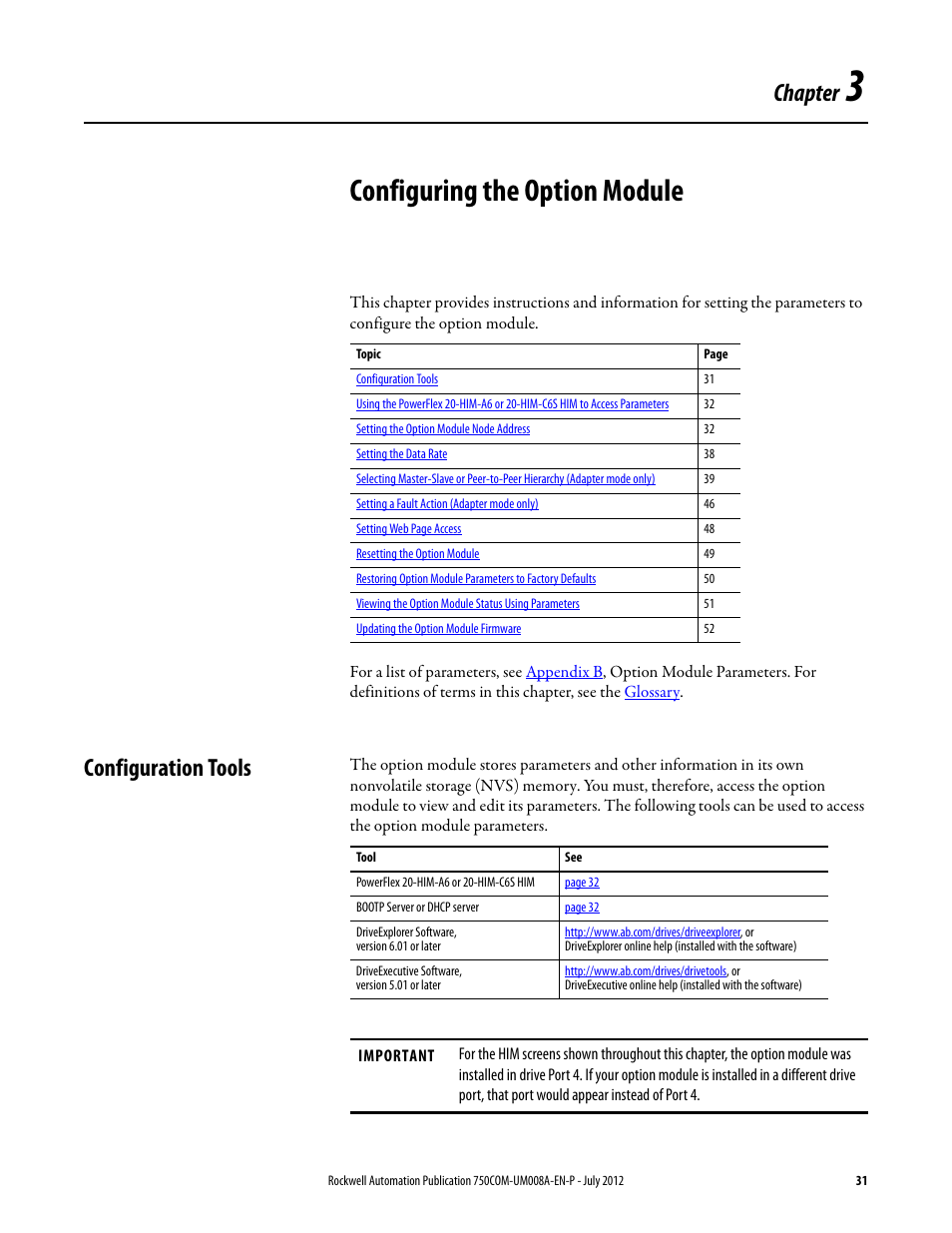 Chapter 3, Configuring the option module, Configuration tools | Rockwell Automation 20-750-ENETR PowerFlexDual-Port EtherNet/IP Option Module User Manual | Page 31 / 200