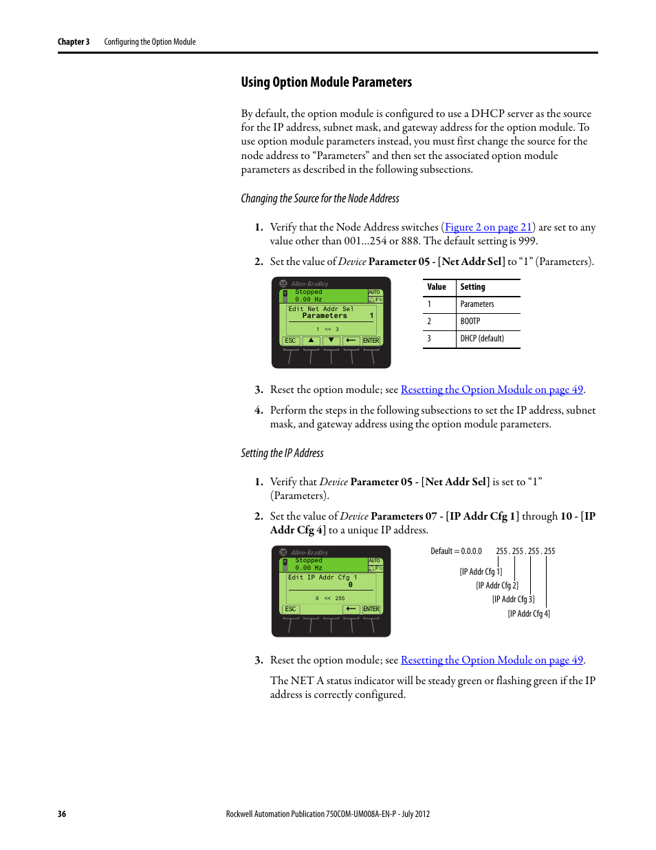 Using option module parameters, Using option, Using | Using option module | Rockwell Automation 20-750-ENETR PowerFlexDual-Port EtherNet/IP Option Module User Manual | Page 36 / 200