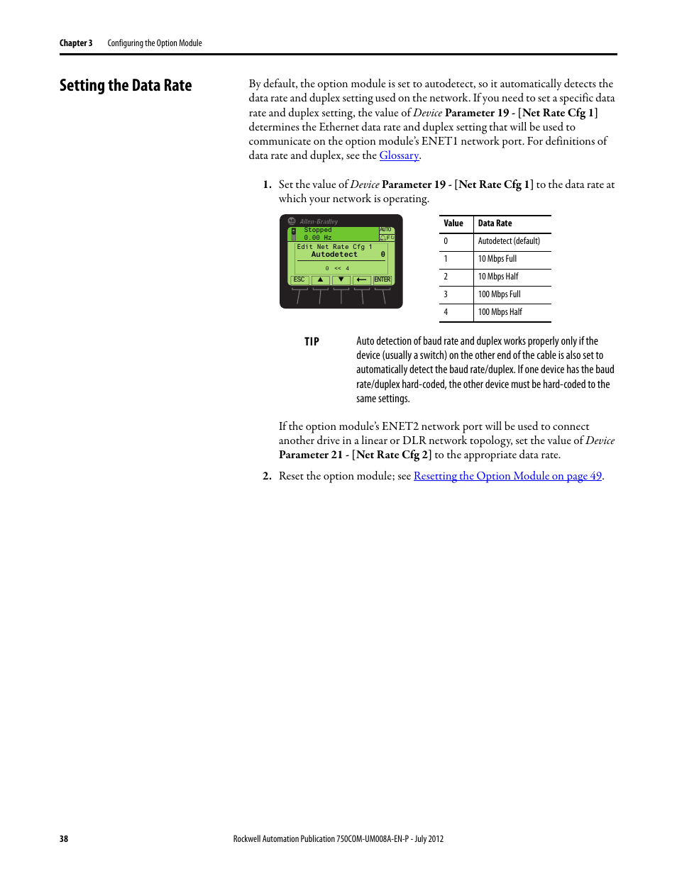 Setting the data rate | Rockwell Automation 20-750-ENETR PowerFlexDual-Port EtherNet/IP Option Module User Manual | Page 38 / 200
