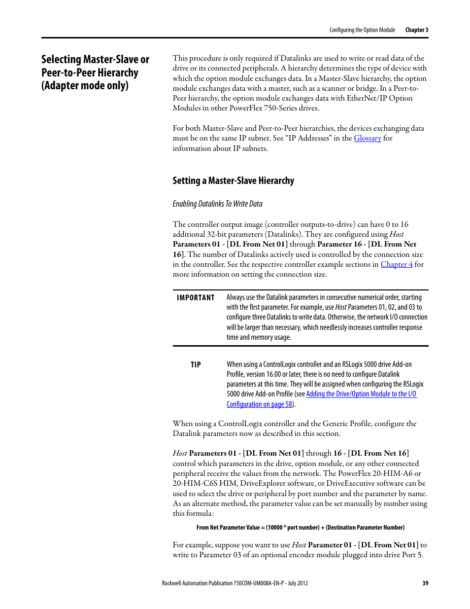 Setting a master-slave hierarchy, Selecting master-slave or peer-to-peer hierarchy, Adapter mode only) | Rockwell Automation 20-750-ENETR PowerFlexDual-Port EtherNet/IP Option Module User Manual | Page 39 / 200