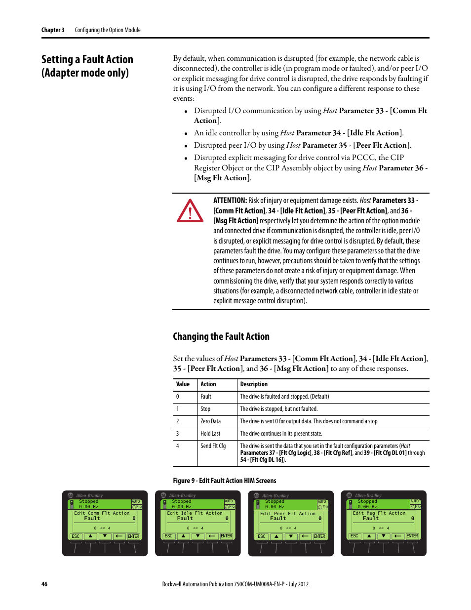 Setting a fault action (adapter mode only), Changing the fault action | Rockwell Automation 20-750-ENETR PowerFlexDual-Port EtherNet/IP Option Module User Manual | Page 46 / 200