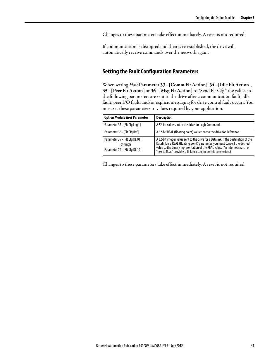 Setting the fault configuration parameters | Rockwell Automation 20-750-ENETR PowerFlexDual-Port EtherNet/IP Option Module User Manual | Page 47 / 200