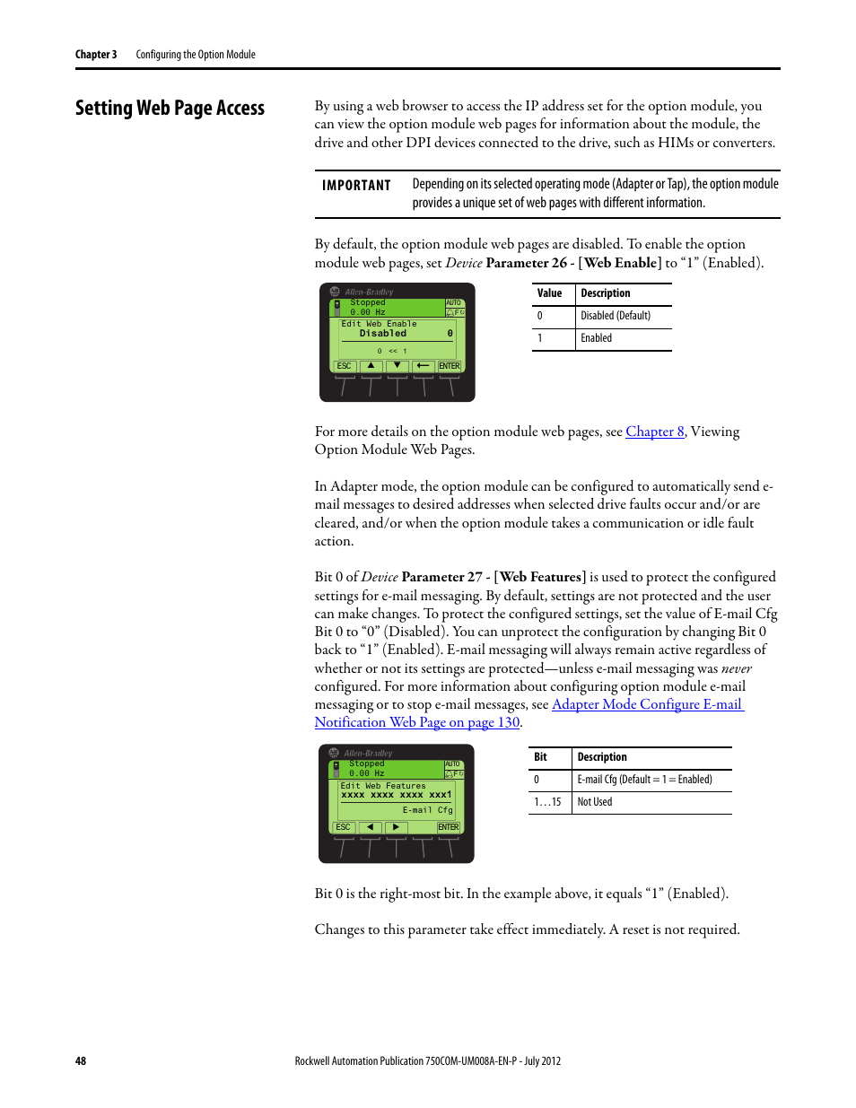 Setting web page access | Rockwell Automation 20-750-ENETR PowerFlexDual-Port EtherNet/IP Option Module User Manual | Page 48 / 200