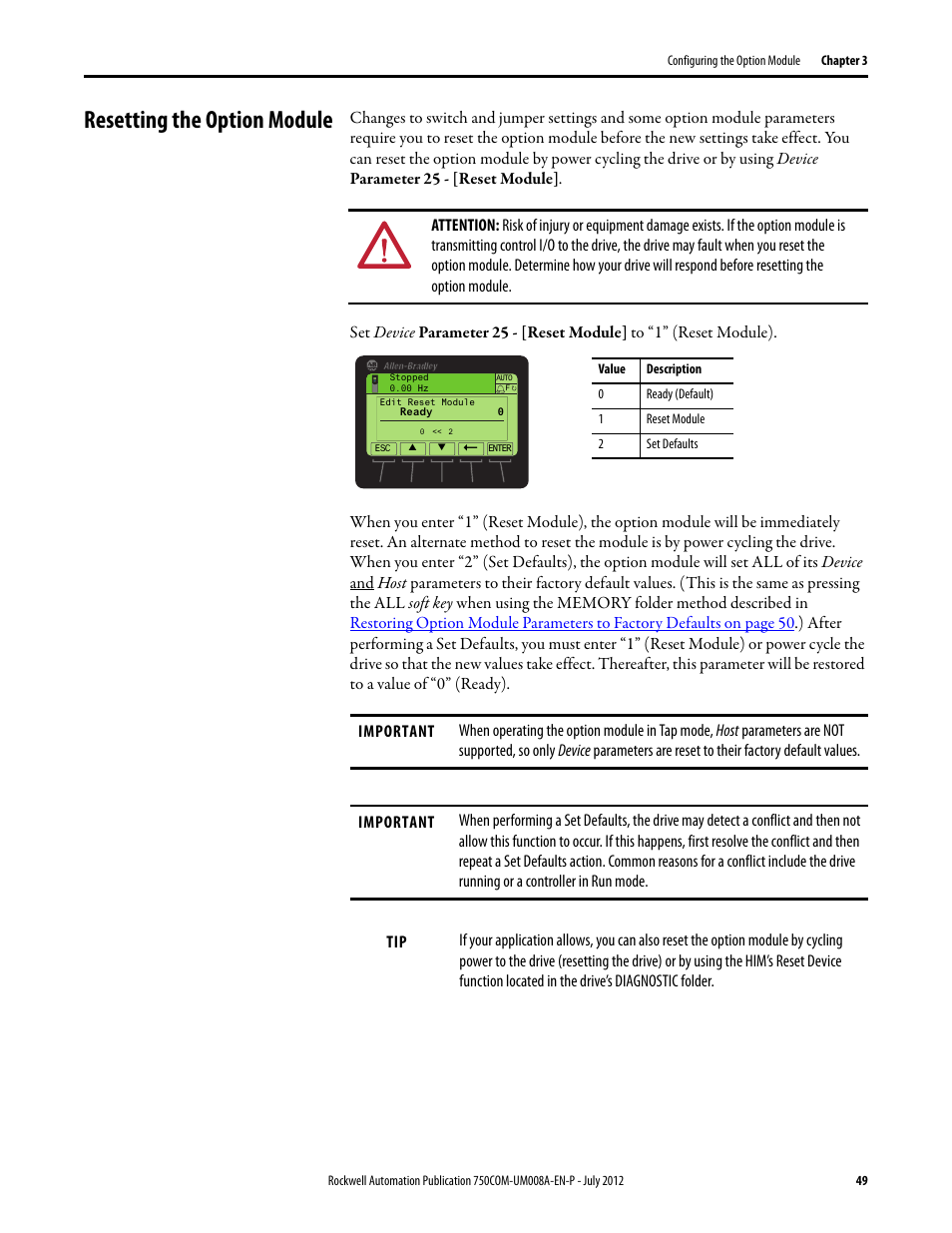 Resetting the option module | Rockwell Automation 20-750-ENETR PowerFlexDual-Port EtherNet/IP Option Module User Manual | Page 49 / 200