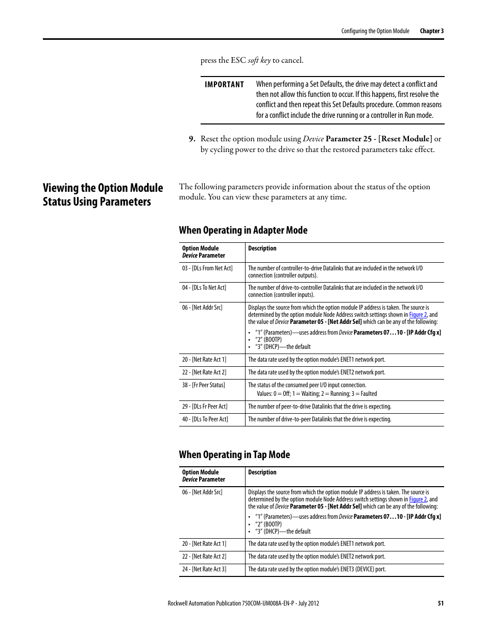 Viewing the option module status using parameters, When operating in adapter mode, When operating in tap mode | Rockwell Automation 20-750-ENETR PowerFlexDual-Port EtherNet/IP Option Module User Manual | Page 51 / 200