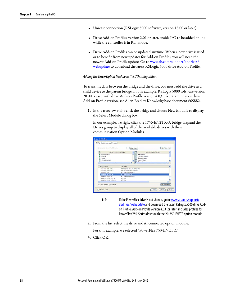 Adding the drive/option module to the i/o | Rockwell Automation 20-750-ENETR PowerFlexDual-Port EtherNet/IP Option Module User Manual | Page 58 / 200