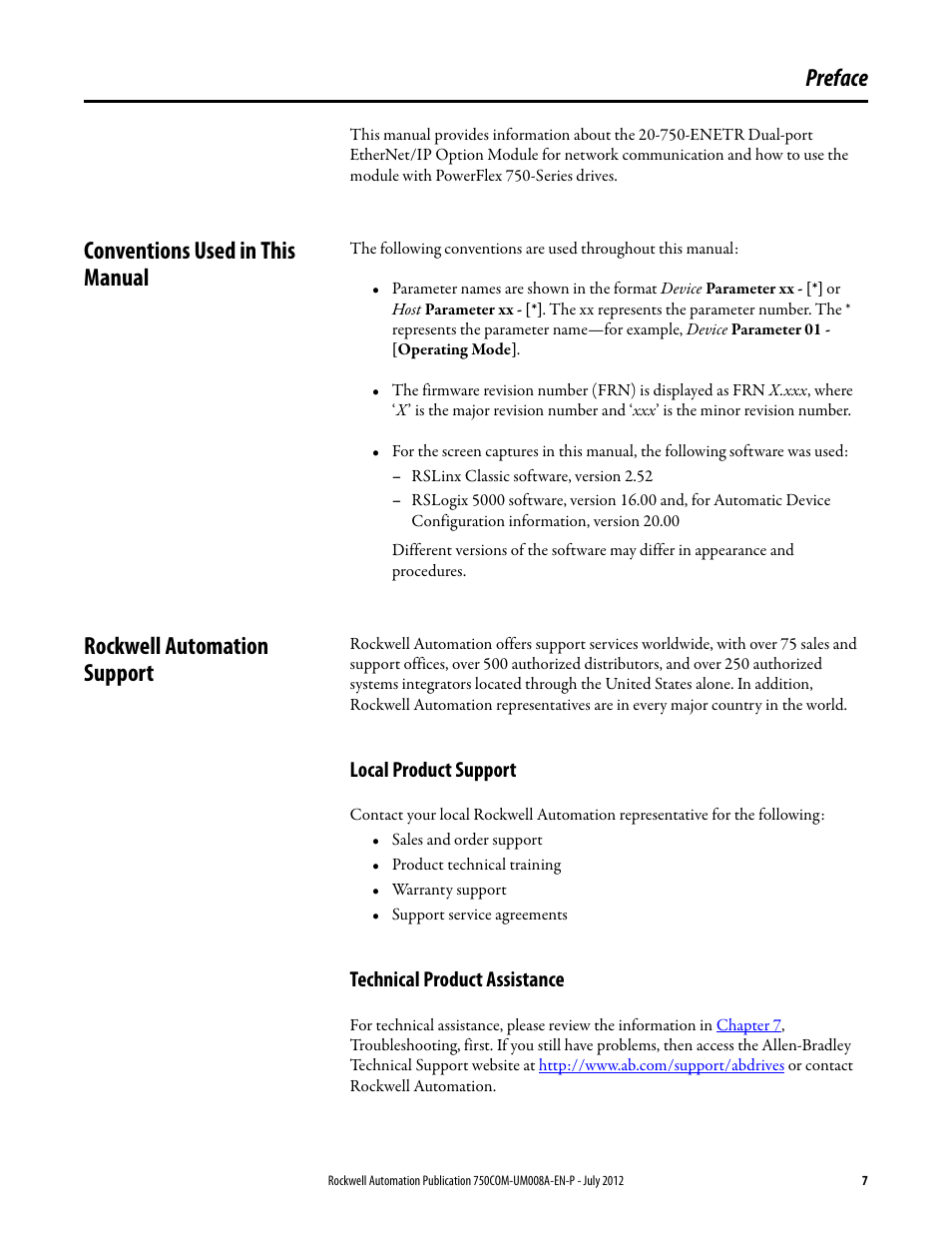 Preface, Conventions used in this manual, Rockwell automation support | Local product support, Technical product assistance | Rockwell Automation 20-750-ENETR PowerFlexDual-Port EtherNet/IP Option Module User Manual | Page 7 / 200