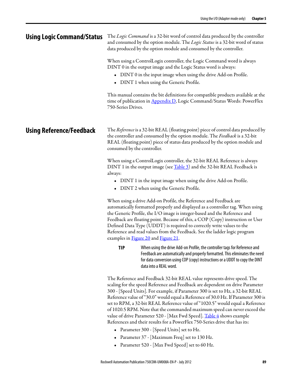 Using logic command/status, Using reference/feedback | Rockwell Automation 20-750-ENETR PowerFlexDual-Port EtherNet/IP Option Module User Manual | Page 89 / 200