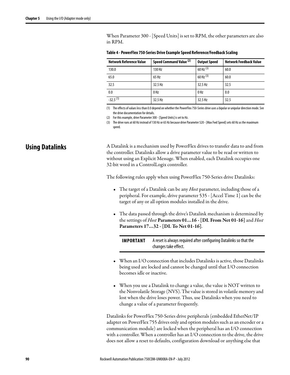 Using datalinks, Table 4 | Rockwell Automation 20-750-ENETR PowerFlexDual-Port EtherNet/IP Option Module User Manual | Page 90 / 200