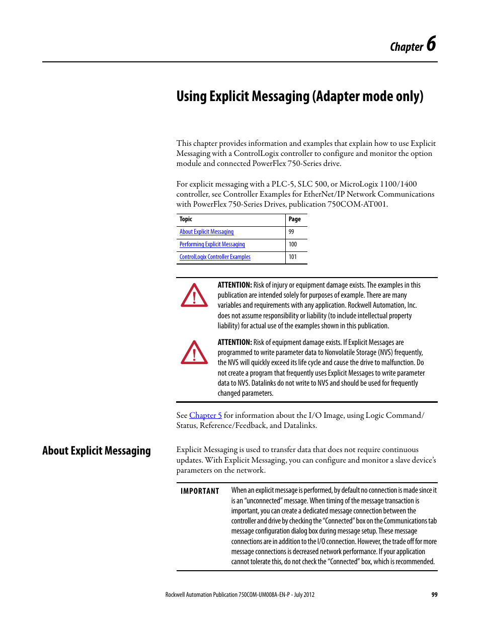 Chapter 6, Using explicit messaging (adapter mode only), About explicit messaging | Rockwell Automation 20-750-ENETR PowerFlexDual-Port EtherNet/IP Option Module User Manual | Page 99 / 200