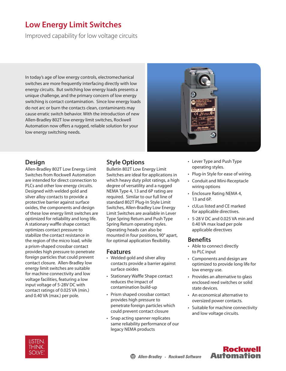 Rockwell Automation 802T-G Low Energy Limit Switch Product Profile User Manual | 2 pages