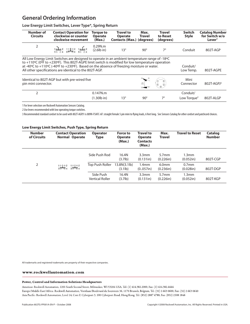 General ordering information | Rockwell Automation 802T-G Low Energy Limit Switch Product Profile User Manual | Page 2 / 2