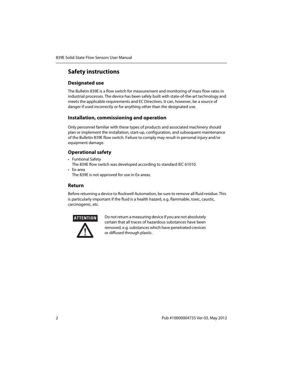 Safety instructions | Rockwell Automation 839E Solid-State Flow Sensors User Manual | Page 4 / 32