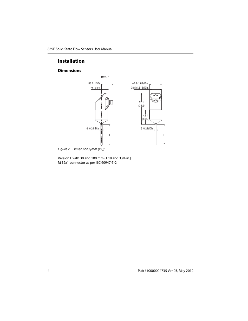 Installation, Dimensions | Rockwell Automation 839E Solid-State Flow Sensors User Manual | Page 6 / 32